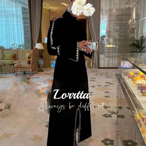 lorrtta שחור חריץ קדמי ערב הסעודית צוואר צב יהלומים מלאכותיים שרוולים ארוכים דובאי שיפון שמלות מסיבה יוקרתיות 2023 שרון