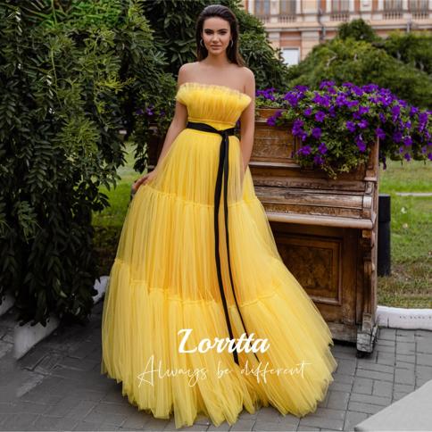 lorrtta yellow a line שמלות ערב וינטג' לנשים אבני חן באורך הרצפה ללא שרוולים קפלים טול יום האהבה