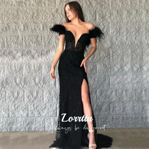 lorrtta שמלות ערב שחורות טול תחרה אפליקציית עם נוצה בתולת ים מחוץ לכתף V צווארון קדמי חריץ לנשף רכבת