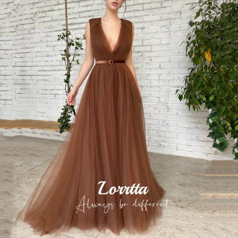lorrtta פשוט טול ארוכות שמלות נשף עם צווארון V ללא שרוולים שמלות ערב באורך רצפה עם אבנט שמלת אירוע רשמי