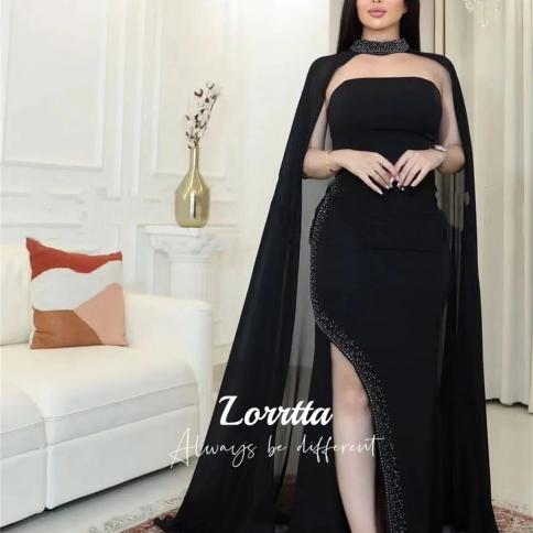 lorrtta fishtail שחור שיפון שמלת נשף סטרפלס צעיף גולף חרוזים בצד שסע שמלות ערב דובאי יוקרה גאלה 2