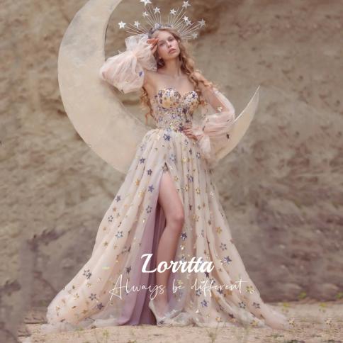 lorrtta מתוקה צווארון נשלף באורך הרצפה פלאפי טול שרוולים נפוחים שמלות ערב שמלת כלה עצמית גאלה wom