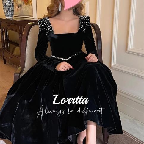 lorrtta שחור קטיפה דובאי שמלת מסיבה ערבית צווארון מרובע חרוזים שרוולים ארוכים שמלות ערב וינטג' יוקרה גאלה אישה
