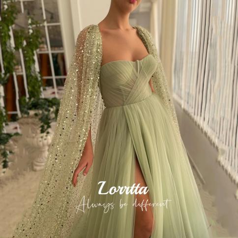 lorrtta sage green a line שמלות נשף עם גליטר נצנצים שכמיית תחרה מתוקה שמלות ערב מקסי עם שסע גבוה חלק רשמי