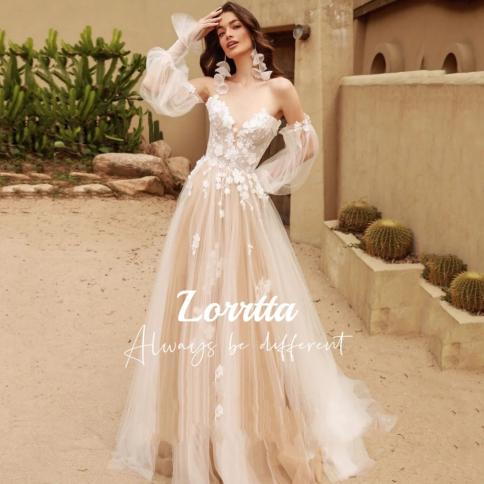 lorrtta שנהב בטנת שמפניה אפליקציה שרוולים נפוחים קו צוואר מתוק שמלות ערב יוקרתיות 2023 שמלות מסיבת חתונה