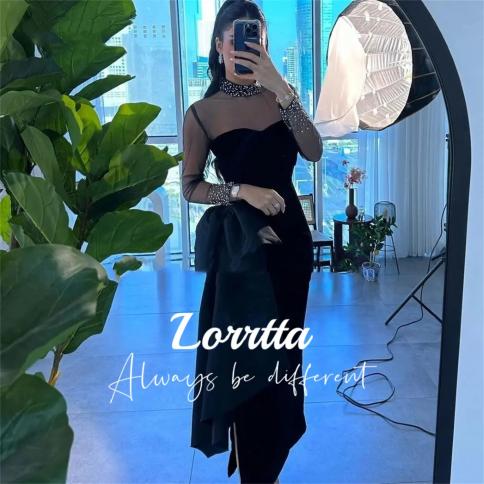 lorrtta שרוולים ארוכים עניבת פרפר שחורה גזה צווארון מתוק לראות דרך שמלת נשף פאייטים סאטן דובאי שמלות ערב לוקס
