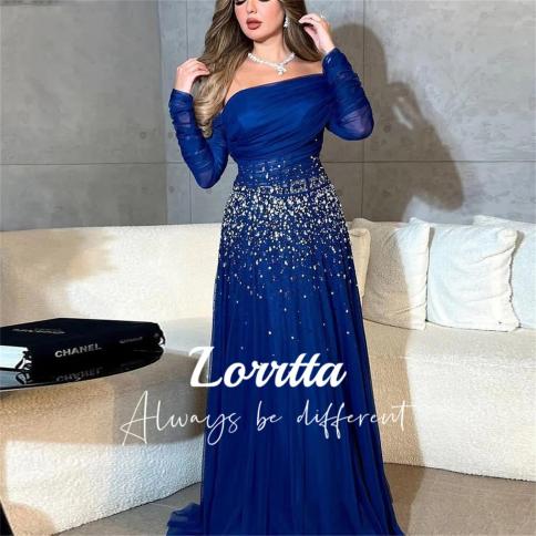 lorrtta מנצנץ כחול רויאל סירה צוואר קו שרוולים ארוכים טול דובאי חרוזים שמלות ערב ערביות יוקרה נשים פורמה