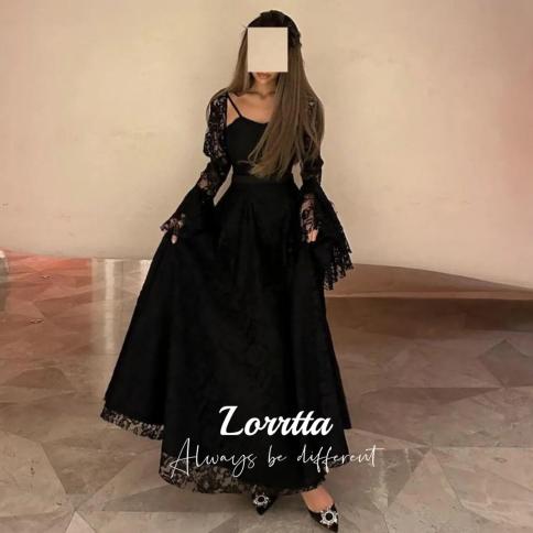 lorrtta תחרה שחורה ספגטי שמלות נשף קצרות מתוקה תחרה שרוולים קו שמלות ערב מועדון ערב הסעודית