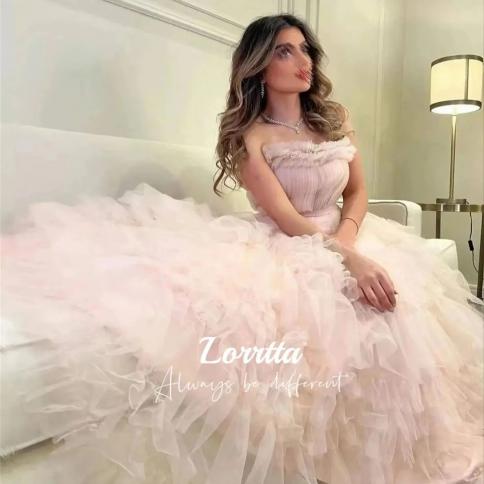 lorrtta תינוק ורוד שמלות ערב טול סטרפלס סלסול קפלים קו ארוך שמלות לנשים 2024 ערב הסעודית רשמי