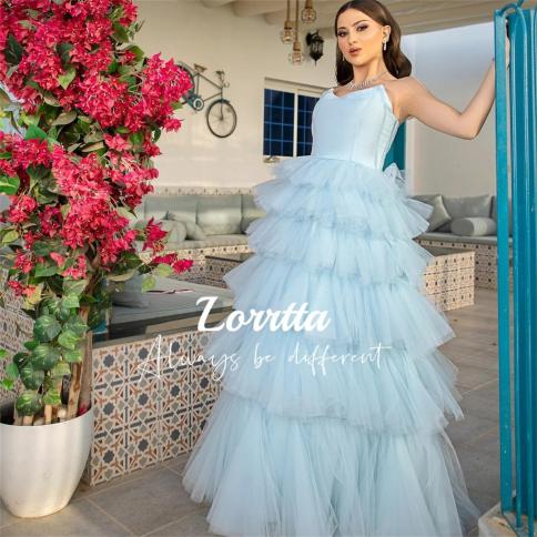 lorrtta שמיים כחולים מדורגים טול קו שמלות נשף דובאי ערביה vestidos de noche ללא שרוולים ערב ערב מסיבת גלימות ערב ד