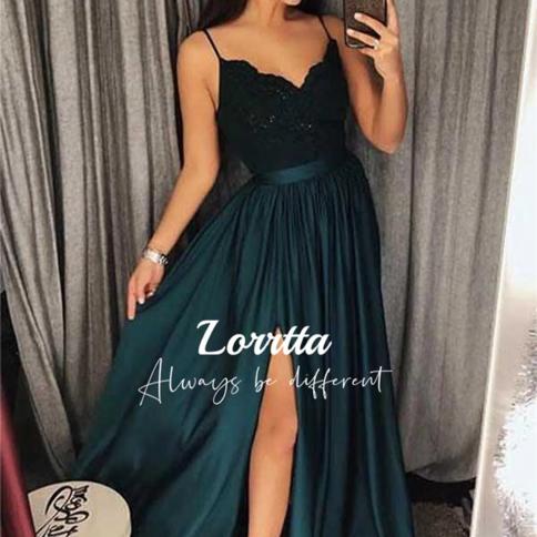 lorrtta ללא שרוולים סיום תחרה רצועות ספגטי שסע מדבקות סאטן שמלות ערב לנשים שמלת נשף שמלת נשף