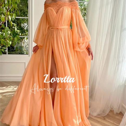 lorrtta שמלות נשף אלגנטיות שיפון מחוץ לכתף שרוולים נפוחים בצד מפוצל קו שמלות ערב שמלת מסיבת כלה