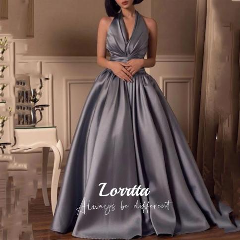 lorrtta אפור קולר V רצפת צוואר אורך קו שמלות ערב סאטן ללא שרוולים מסיבת נשף עם קפלים