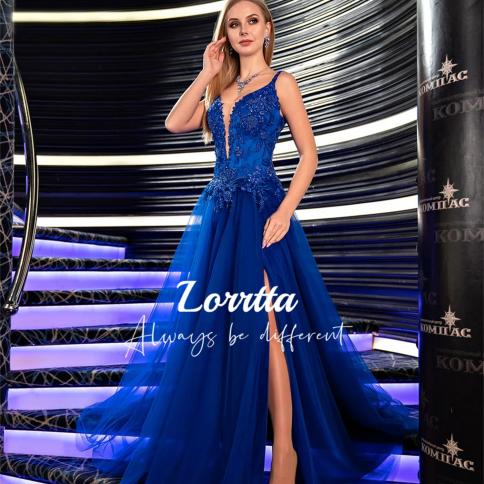 lorrtta כחול רויאל שמלות נשף אפליקציה תחרה חרוזים עם שסע טול קו אורך רצפה באורך רצועת צוואר V מסיבת ערב