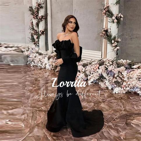 lorrtta off the shoulder בת ים שחורות שמלות נשף שרוולים ארוכים סאטן מט סלסולים שמלות ערב ערבית מסיבה רשמית ד