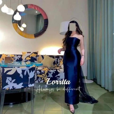 שמלת סטרפלס נייבי של lorrtta, שמלת ערב בתולת ים, שמלת טול באורך הקרסול, שמלת ערב אלגנטית פשוטה