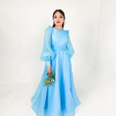 oeing o neck luxury formal evening dresses pleat blue long sleeves فساتين سهرة  floor length elegant prom gown