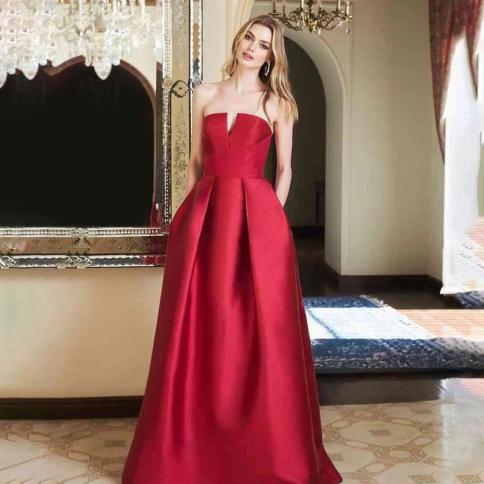 oeing strapless luxury formal evening dress pleat red sleeveless فساتين سهرة  floor length elegant prom growns