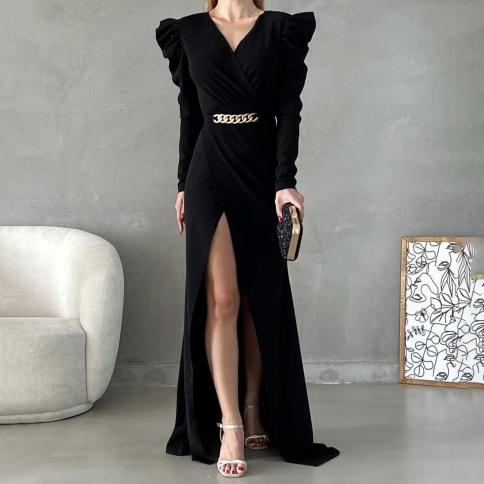 oeing v neck luxury formal evening dresses  pleat long sleeves فساتين سهرة  floor length elegant prom growns p