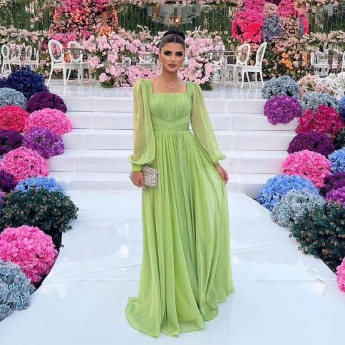 oeing square collar luxury formal evening dresses pleat long sleeves فساتين سهرة  floor length elegant prom go