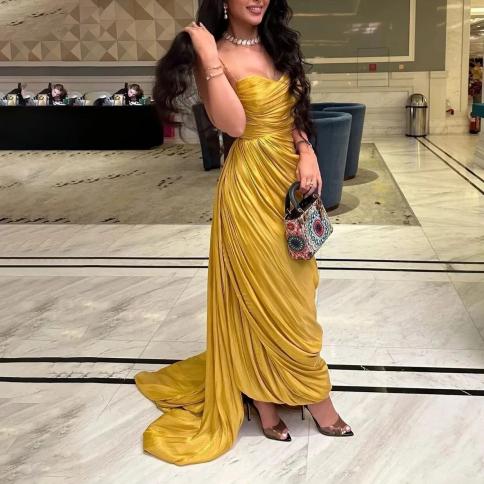 oeing sweetheart luxury formal evening dress pleat yellow sleeveless فساتين سهرة  ankle length elegant prom go