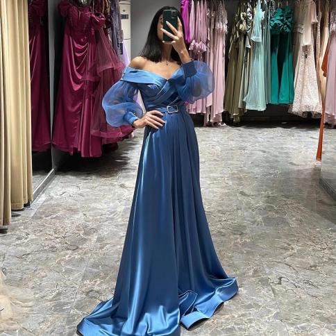 oeing v neck luxury formal evening dresses pleat long puffy sleeves فساتين سهرة  floor length elegant prom gow