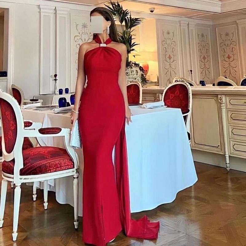 Oeing Halter Luxury Formal Evening Dress Red Chiffon Sheath