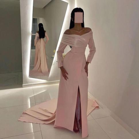 oeing off shoulder luxury formal evening dresses pleat long sleeves  فساتين سهرة  floor length elegant prom go