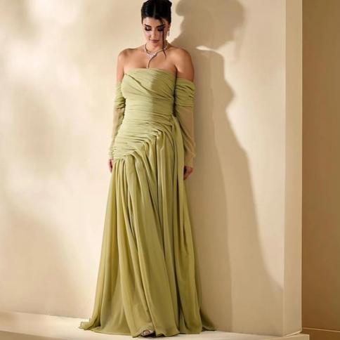 oeing off shoulder luxury formal evening dresses pleat long sleeves فساتين سهرة  floor length elegant prom gow