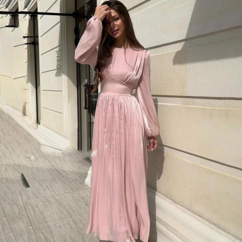 oeing o neck luxury formal evening dresses pleat pink long sleeves فساتين سهرة  floor length elegant prom grow