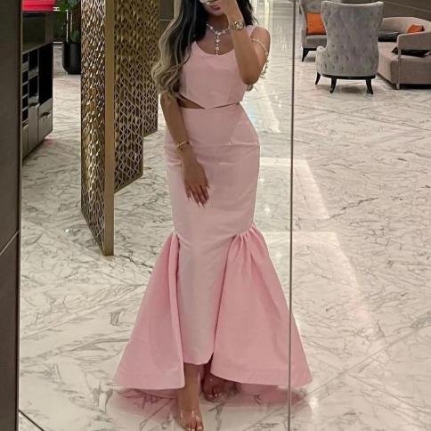 oeing o neck luxury formal evening dress pink sheath satin sleeveless فساتين سهرة  floor length elegant prom g