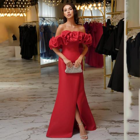 oeing off shoulder luxury formal evening dresses pleat red sleeveless فساتين سهرة  floor length elegant prom g