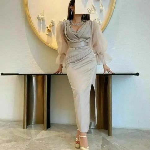 oeing v neck luxury formal evening dress puffy pleat long sleeves فساتين سهرة  ankle length elegant prom grown