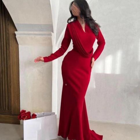 oeing v neck luxury formal evening dress red sheath pleat long sleevels فساتين سهرة floor length elegant prom