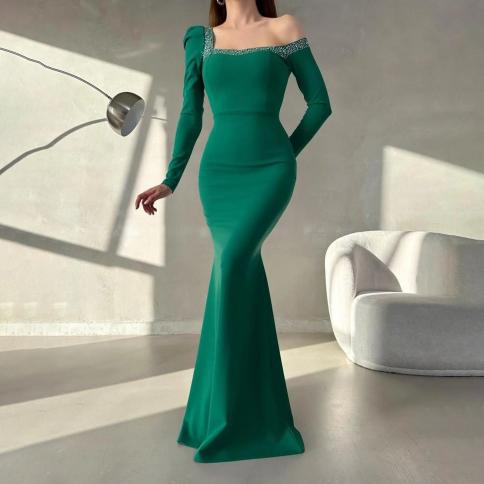 oeing square collar luxury formal evening dresses pearls long sleeves فساتين سهرة floor length elegant prom go