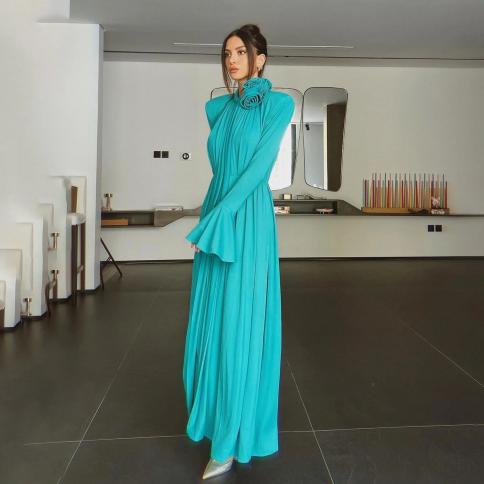 oeing o neck luxury formal evening dresses pleat flowers long sleeves فساتين سهرة  floor length elegant prom g