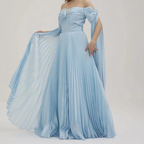 oeing sweetheart luxury formal evening dress pleat blue short sleeves فساتين سهرة  floor length elegant prom g