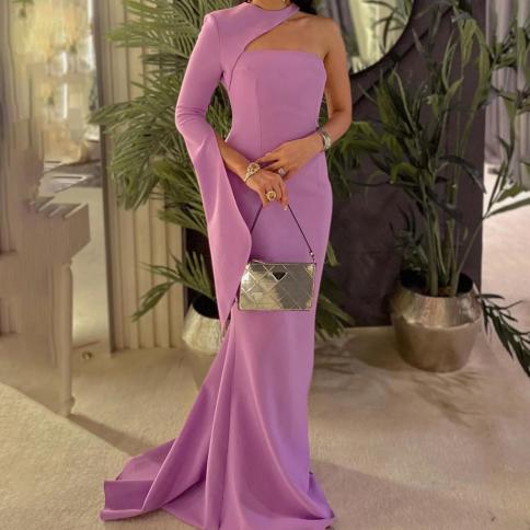 oeing one shoulder luxury formal evening dresses pleat long sleeves فساتين سهرة floor length elegant prom gown