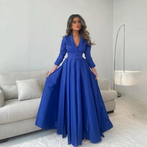 oeing v neck luxury formal evening dresses pleat blue long sleeves فساتين سهرة  floor length elegant prom gown