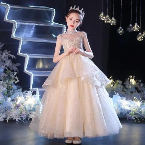 2023 Teenmiro Hostess Dress For Teenage Girls Children's Sequins Flared Long  Dresses Kids Birthday Party Ball