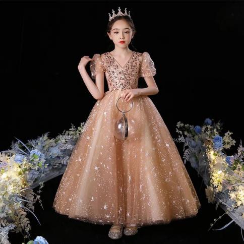 Kids Wedding Dress For Girls Princess Tulle Dresses Teens Formal Wedding  Show Party Pageant Ball Gown Children Star Sequ Color A Kid Size 130cm