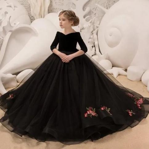 Girls Grade 8 Graduation Dress Long Black Dresses Girls Black Elegant Dress  Kids Girls Casual Dresses Color B Flower dress Kid Size 150cm 11-12Y