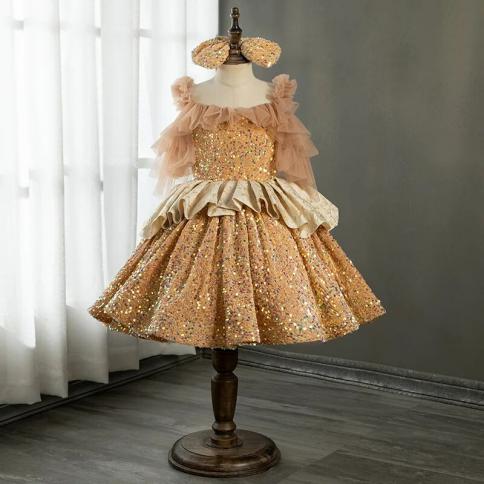 Girls Sequins Princess Dress For Baby Elegant Wedding Formal Dresses Kids  Vintage Ball Gown Children Birthday Party Vest Color Gold Kid Size 2Y
