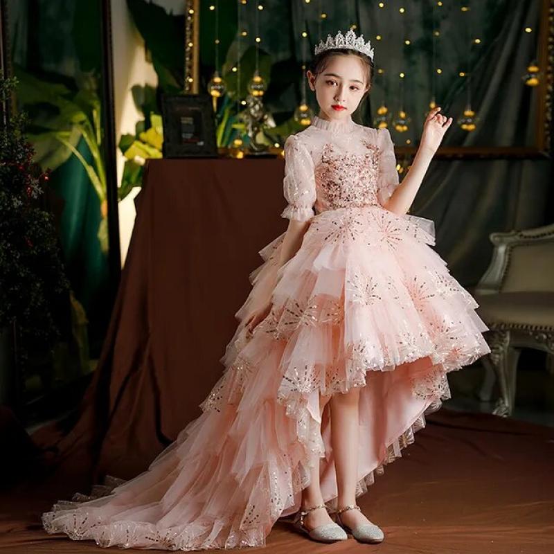 open lace back dress Girls Communion Puffy Dress Children's Birthday Pink Princess Dress, Pink / 9-10 Years (150cm)