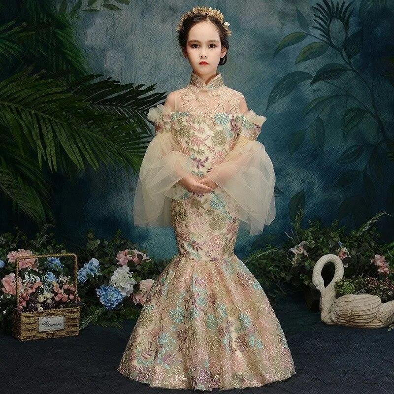 chinese dress ladies Runway Elegance – Luxury New Chinese Style Mermaid Train Gold Qipao E Brocade Dragon Robe Trailing / If You Need to Customize, Click Here to Place An