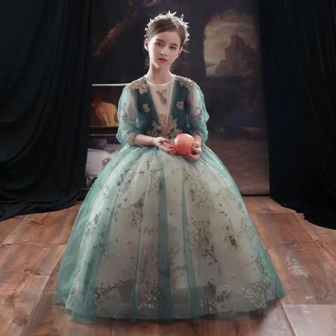 2023 Elegant Girls Dresses For Party And Wedding Kids Appliques And  Sequined Gauze Ball Gowns Twin Sister Matching Party Kid Size 11-12y Color  Blue trailing dress