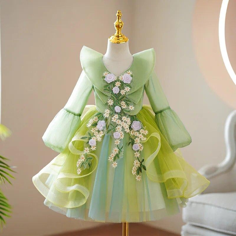 Flower Puffy Green Dress For Girls Children Pageant Dresses Kids First  Communion Vestidos Teenagers Weddings Bridesmaid Color Green dress Kid Size  1103Y