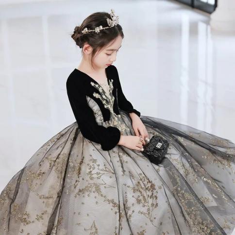 green emerald velvet dress Black Girl Dress for Kids 1st Birthday Party Holiday Gown J451 Black / child-4