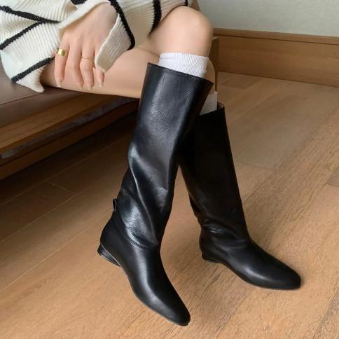 עיצוב פשוט עור רך מגפי ברכיים נשים שחורות מגפי אביר מרובע אצבע נעלי מותג מעצב יוקרה נעלי בוטות חיצוניות
