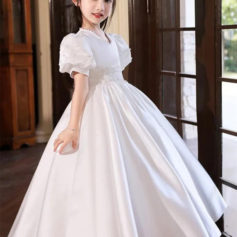2023 Christening White Dress For Girls Kids Luxury Beading Satin Maxi Ball Gown  Children Elegant Flower Girl Dresses For
